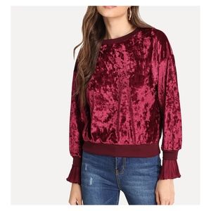 Crushed Velvet Sweatshirt Maroon Red Ruffle Cuff